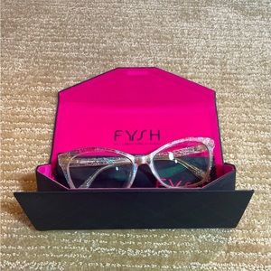 Fysh eyeglass frames: 3638. Size 55.  Iridescent pinky-beige clear cat-eye.